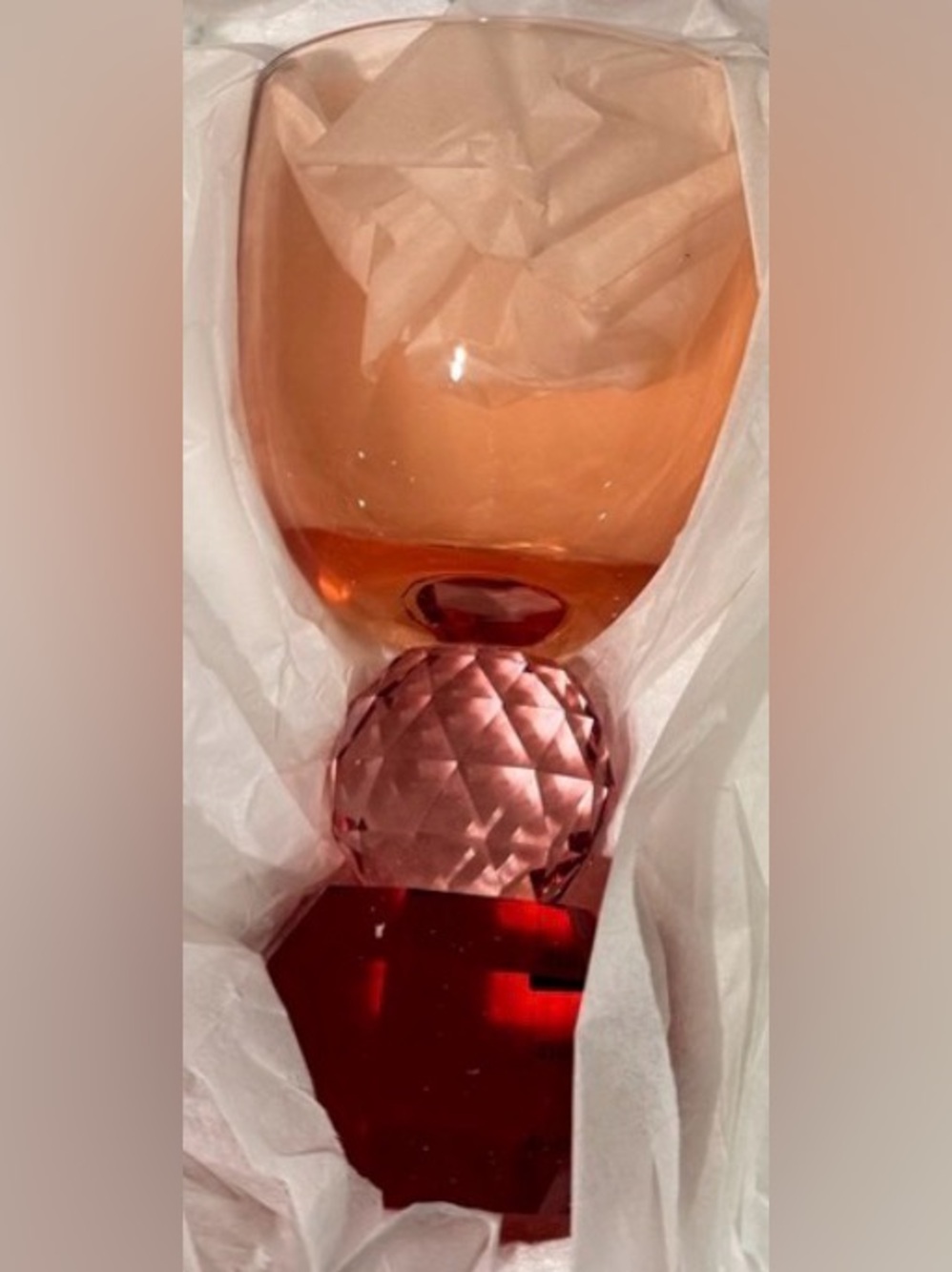 Anthropologie Amber wine glass with Pink Faceted Stem and Red Base Wine Glass